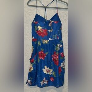 American Eagle Blue Floral Mini Dress With Racer back Straps & Pockets